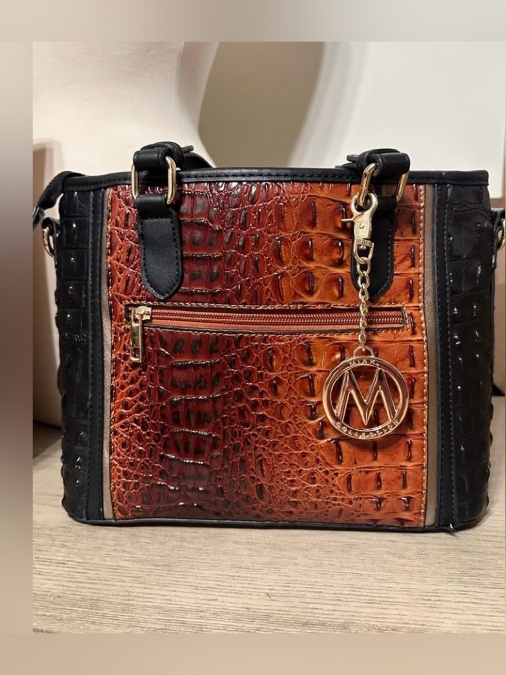 MKF Collection LIZZA Crocco Two Tone Tote Bag with MK Gold Bag Charm-embossed
